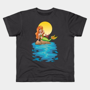 Mermaid Relaxes on Rocks with Crab Kids T-Shirt